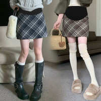 显瘦托腹毛呢裙外穿复古半身裙韩板新款孕妇高腰格子秋冬A字裙