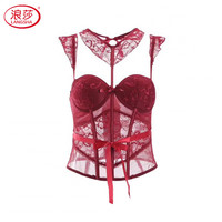 浪莎（LangSha）性感蕾丝内衣女舒适聚拢有钢圈鱼骨束腰马甲吊袜带胸垫塑身衣套装 酒红色(单马甲) XL (适合80D、85ABC)