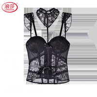 浪莎（LangSha）性感蕾丝内衣女舒适聚拢有钢圈鱼骨束腰马甲吊袜带胸垫塑身衣套装 黑色(单马甲) XL (适合80D、85ABC)