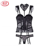 浪莎（LangSha）性感蕾丝内衣女舒适聚拢有钢圈鱼骨束腰马甲吊袜带胸垫塑身衣套装 黑色(马甲+内裤) M (适合70D、75ABC)