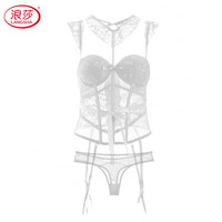 浪莎（LangSha）性感蕾丝内衣女舒适聚拢有钢圈鱼骨束腰马甲吊袜带胸垫塑身衣套装 白色(马甲+内裤) XL (适合80D、85ABC)