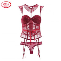 浪莎（LangSha）性感蕾丝内衣女舒适聚拢有钢圈鱼骨束腰马甲吊袜带胸垫塑身衣套装 酒红色(马甲+内裤) M (适合70D、75ABC)