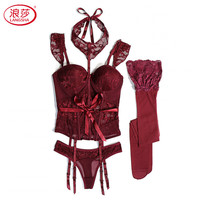 浪莎（LangSha）性感蕾丝内衣女舒适聚拢有钢圈鱼骨束腰马甲吊袜带胸垫塑身衣套装 酒红色(马甲+内裤+丝袜) XL (适合80D、85ABC)