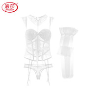 浪莎（LangSha）性感蕾丝内衣女舒适聚拢有钢圈鱼骨束腰马甲吊袜带胸垫塑身衣套装 白色(马甲+内裤+丝袜) XL (适合80D、85ABC)