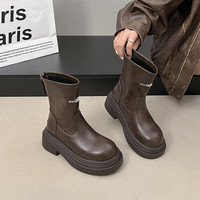 映棠 复古风简约字母短筒靴女款2025秋冬新款厚底低筒骑士靴 棕色 36