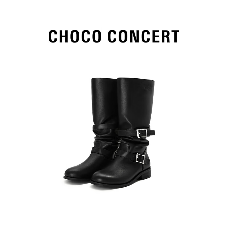 CHOCO CONCERT设计鞋履丨25AW圆头金属搭扣堆堆靴 厚底靴秋冬女 黑色 36
