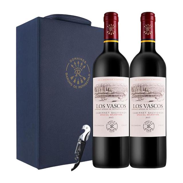 今日必买：拉菲古堡 巴斯克精选 干红葡萄酒 750ml*2瓶 带酒杯礼盒装 智利原瓶进口