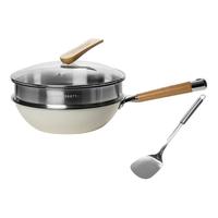 KANDA 神田 绣渤意 不粘锅316L不锈钢炒锅不沾电磁炉通用炒菜锅 荷叶炒锅32cm+铲