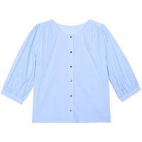 百图betu女装2025夏季衬衫圆领时髦条纹100%棉七分袖衬衫2503T43 蓝色 M