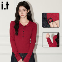 :CHOCOOLATE  it女装衣服红色辣妹修身内搭长袖T恤女秋季针织打底衫上衣潮 红色 M