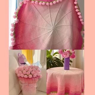 松册玫瑰花束毯子材料包手工钩织创意毛毯渐变花束 材料包约110cm-三色花毯【全套工具+视频教程】