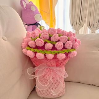 松册玫瑰花束毯子材料包手工钩织创意毛毯渐变花束 材料包约110cm-三色花毯【全套工具+视频教程】