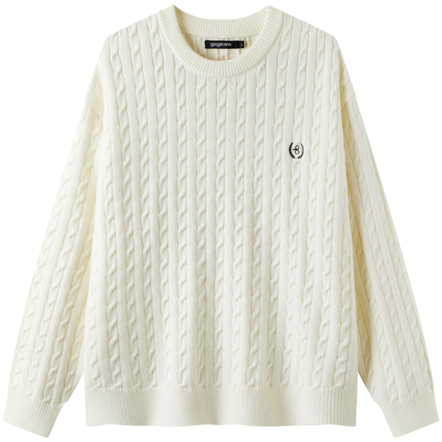 gxgjeans 美式刺绣绞花保暖圆领毛衣针织衫 米白