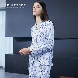 舒雅（Schiesser）女士纯棉双面布印花开衫睡衣长袖长裤家居服套装E1/21509H 浅蓝7802 S