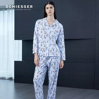 舒雅(Schiesser)女士纯棉双面布印花开衫睡衣长袖长裤家居服套装E1/21509H 浅蓝7802 S