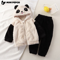 小猪班纳（PEPCO）儿童毛绒上衣秋冬儿童连帽加绒保暖毛绒家居服套装毛毛衣 黑+白【毛绒熊猫连帽套装】 80 cm