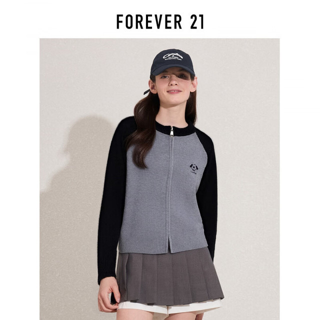 FOREVER 21 FOREVER21针织开衫女2025年秋季新款复古小熊撞色刺绣针织毛衣外套女 灰色 M