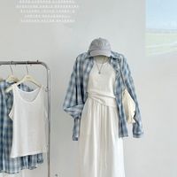 韩系慵懒风格蓝色格子长袖衬衫女款春秋夏季百搭防晒外穿衬衣上衣