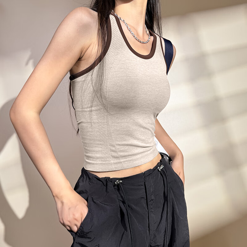LULUUVTTOH一体式工字运动背心女美式休闲跑步内衣撞色速干瑜伽训练文胸 沙茶色 L