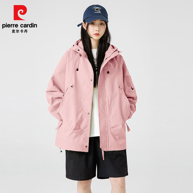 皮尔·卡丹 皮尔卡丹新款春秋款宽松冲锋衣户外防水秋装外套男女夹克粉色  S