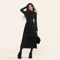 衣品天成 女士复古小黑裙 蕾丝拼接荷叶边蛋糕连衣裙