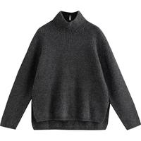 初语毛衣女2025冬季粗针织慵懒风前短后长后领开衩上衣 灰黑 M