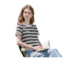 X.YING 流苏条纹黑色t恤女短袖2025夏装宽松休闲风正肩圆领上衣 黑色 T恤款 M