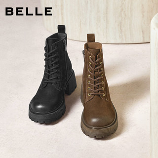 百丽（Belle）复古牛皮户外风马丁靴女2025冬擦色短靴E8V1DDD5 黑色-单里 37
