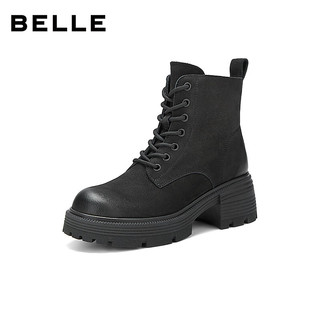 百丽（Belle）复古牛皮户外风马丁靴女2025冬擦色短靴E8V1DDD5 黑色-单里 37