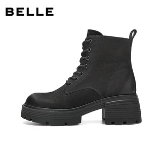 百丽（Belle）复古牛皮户外风马丁靴女2025冬擦色短靴E8V1DDD5 黑色-单里 37