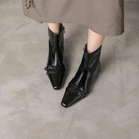 NINE WEST 玖熙 头层牛皮短筒女靴子方头粗跟2025款春秋冬轻便小众时装靴