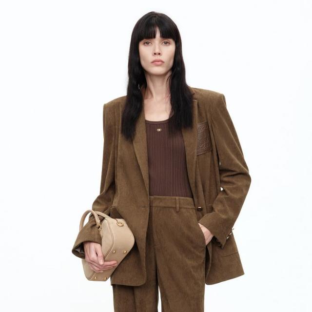H'S 摩卡咖灯芯绒西装外套冬季女装长款上衣