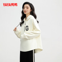 鸭鸭休闲卫衣女2025年冬时尚简约宽松连帽拼色保暖针织绒衫J 米色 M