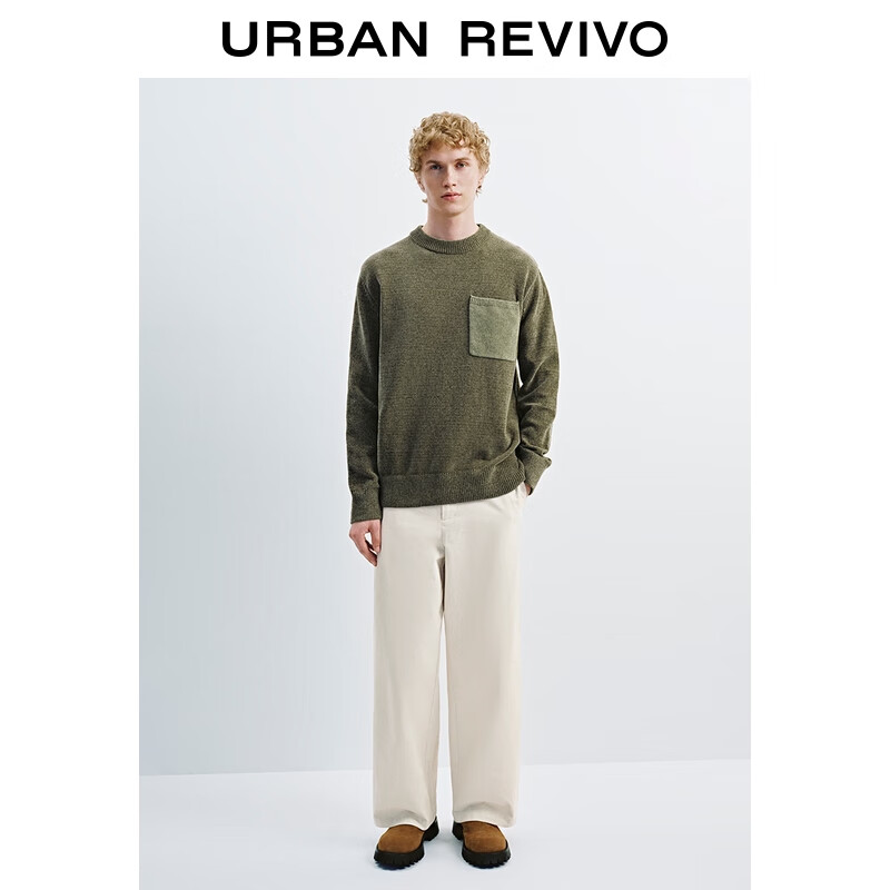 UR2025秋季男装复古休闲撞色贴袋圆领针织衫UMM950022 军绿 M