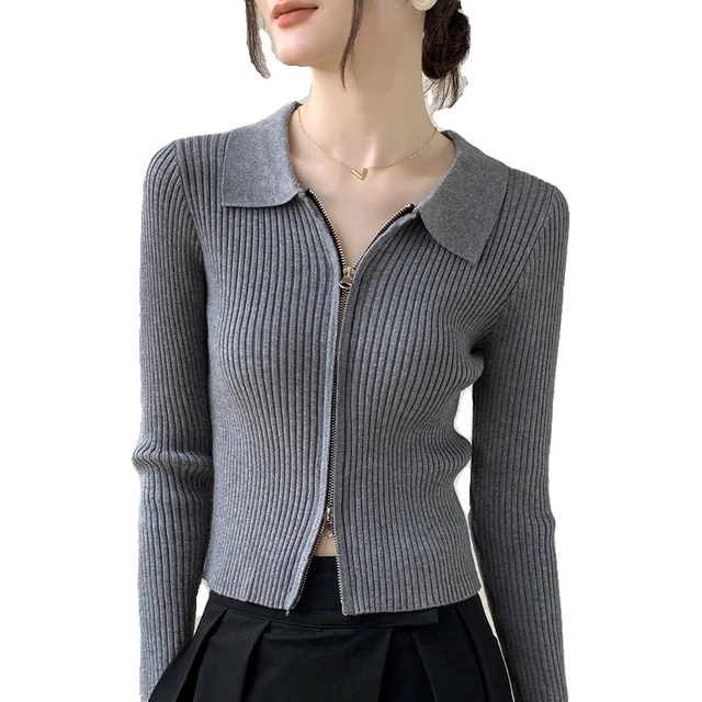 POLO领针织开衫女早秋长袖修身显瘦翻领上衣拉链毛衣短外套女