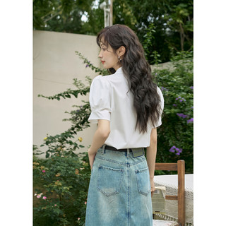 谜秀高级感泡泡袖v领通勤短袖2025春夏衬衫女正肩显瘦上衣 白色 S