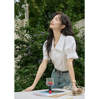 谜秀高级感泡泡袖v领通勤短袖2025春夏衬衫女正肩显瘦上衣 白色 S