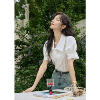 谜秀高级感泡泡袖v领通勤短袖2025春夏衬衫女正肩显瘦上衣 白色 S