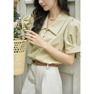 谜秀高级感泡泡袖v领通勤短袖2025春夏衬衫女正肩显瘦上衣 白色 S