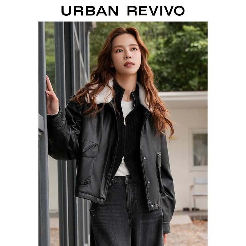 UR2025冬季女装气质拼接撞色毛领抽绳PU棉服UWM150071 黑色 (偏宽松) M