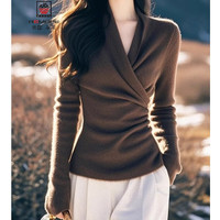 爱普 AEMAPE 女士法式优雅V领长袖针织衫 秋冬款