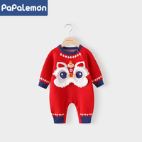 PAPA LEMON 柠檬爬爬宝宝拜年服婴儿过年喜庆连体衣新年装红色针织哈衣秋冬装