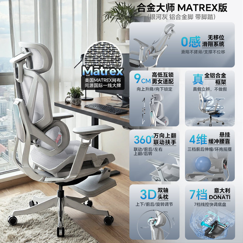 银河灰【美网版】【进口网布+7档快调DONATI底盘+360度6D扶手+铝合金脚+头等舱脚踏】(包安装)