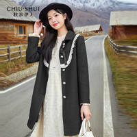 秋水伊人气质名媛中长款毛呢外套女甜美花边拼接翻领大衣 黑色