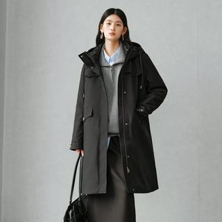 艾莱依 【城市猎装】25款学院风收腰工装羽绒服女中长款连帽鹅绒服外套