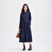 佐丹奴 纯棉牛仔衬衫裙秋冬绑带收腰中长款立领半开襟长袖衬衫连衣裙女款