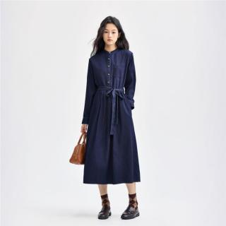 佐丹奴 纯棉牛仔衬衫裙秋冬绑带收腰中长款立领半开襟长袖衬衫连衣裙女款