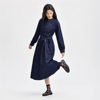 佐丹奴 纯棉牛仔衬衫裙秋冬绑带收腰中长款立领半开襟长袖衬衫连衣裙女款