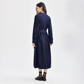 佐丹奴 纯棉牛仔衬衫裙秋冬绑带收腰中长款立领半开襟长袖衬衫连衣裙女款