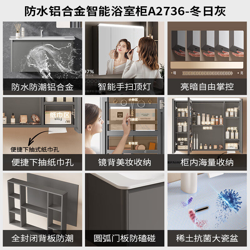 九牧（JOMOO）浴室柜洗脸盆柜一体盆陶瓷铝合金洗手盆柜组合洗漱盆无龙头A2736 冬日灰 智能 感应灯|防潮 60cm